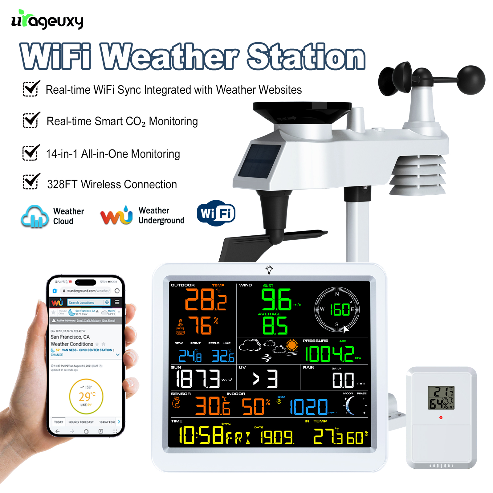 Rain Gauge Digital - WiFi Weather Station 14-in-1 with Solar
